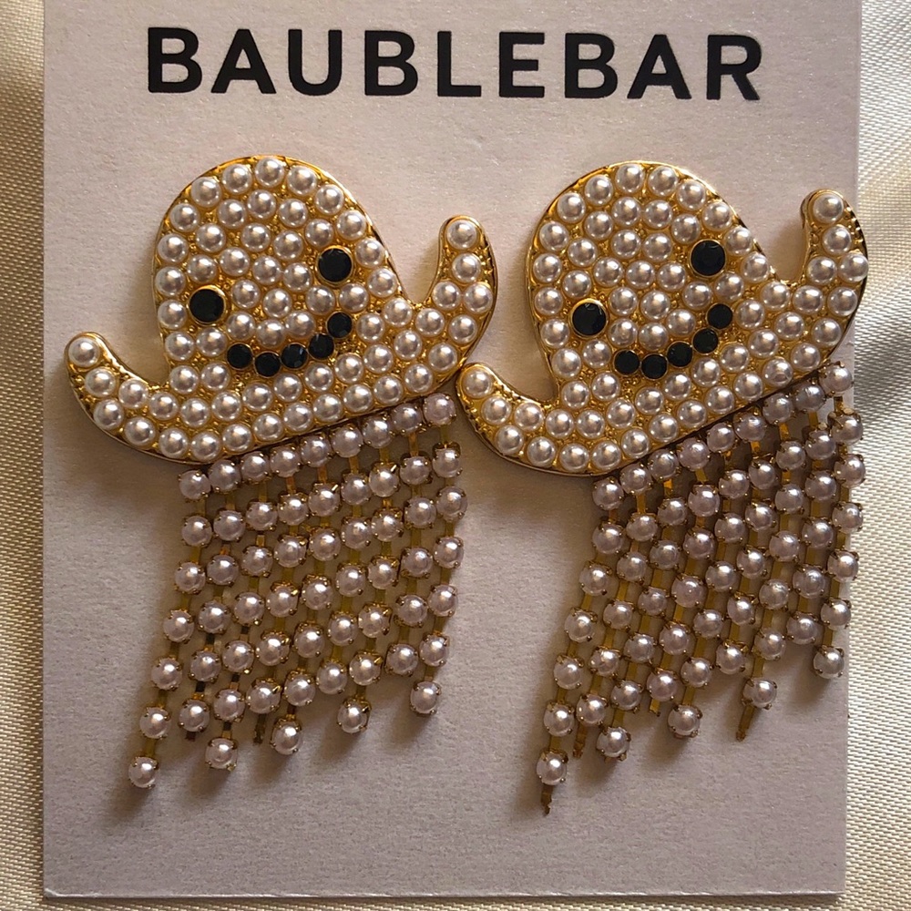 Baublebar Gold Tone Casper Ghost Drop Earrings With Faux Pearl Fringe NWT